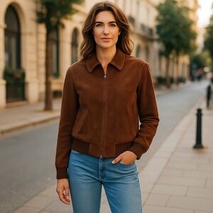 Talbots Brown Suede Leather Bomber Jacket Coat Size 14